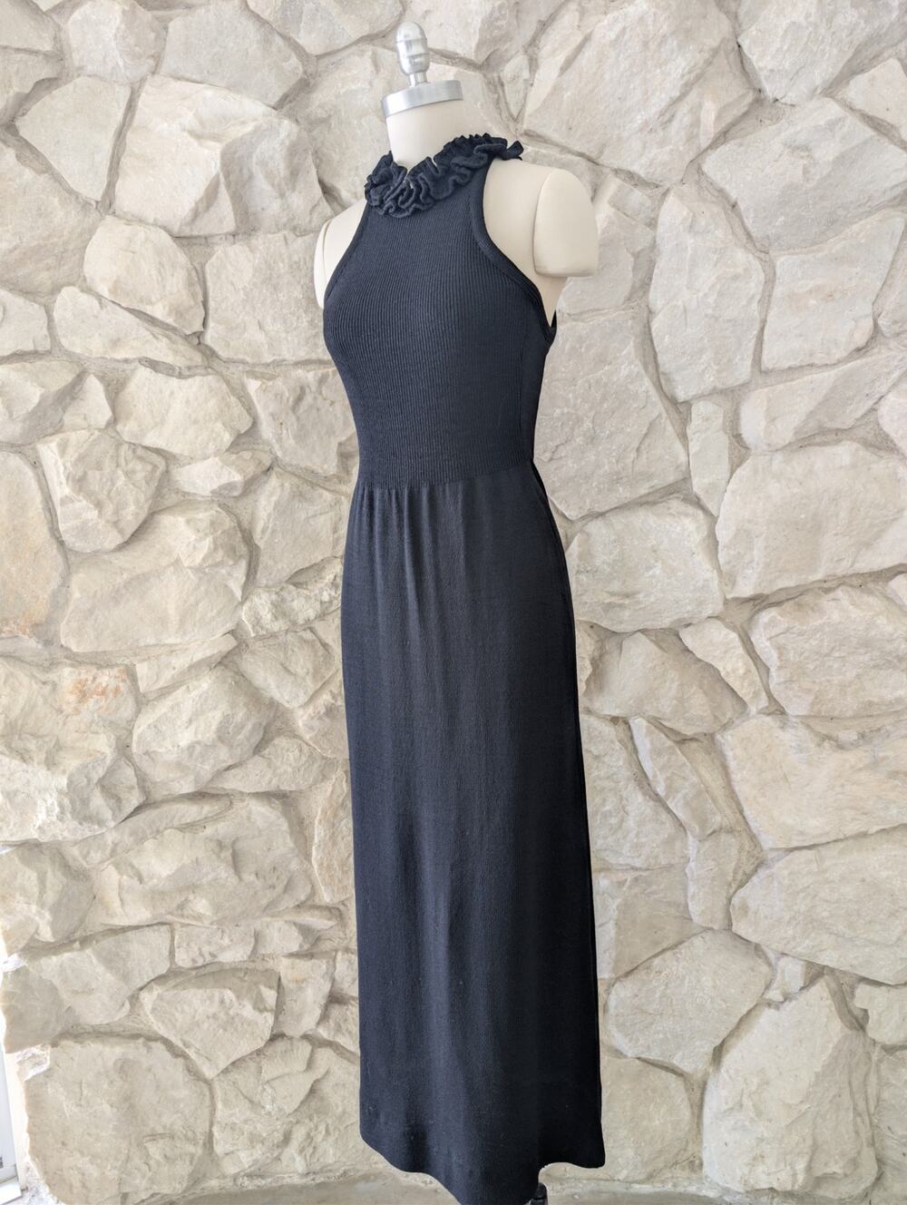 1970s Vintage Black Knit Maxi Gown | Small